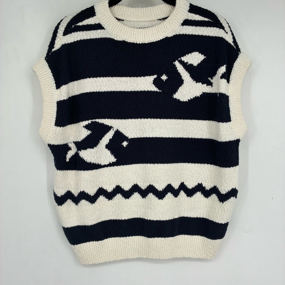 Anthropologie Maeve Crewneck Fish Motif Sweater Vest Cream Blue Large Sardine - Picture 10 of 13